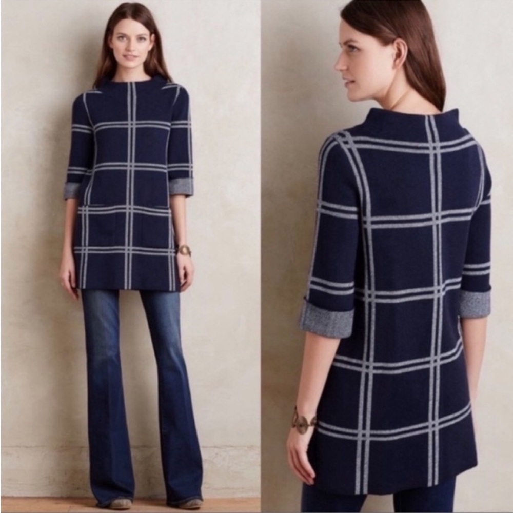 Anthropologie Moth Blue Window Paned
Plaid Wool Blend Mock Neck Tunic Sweater S